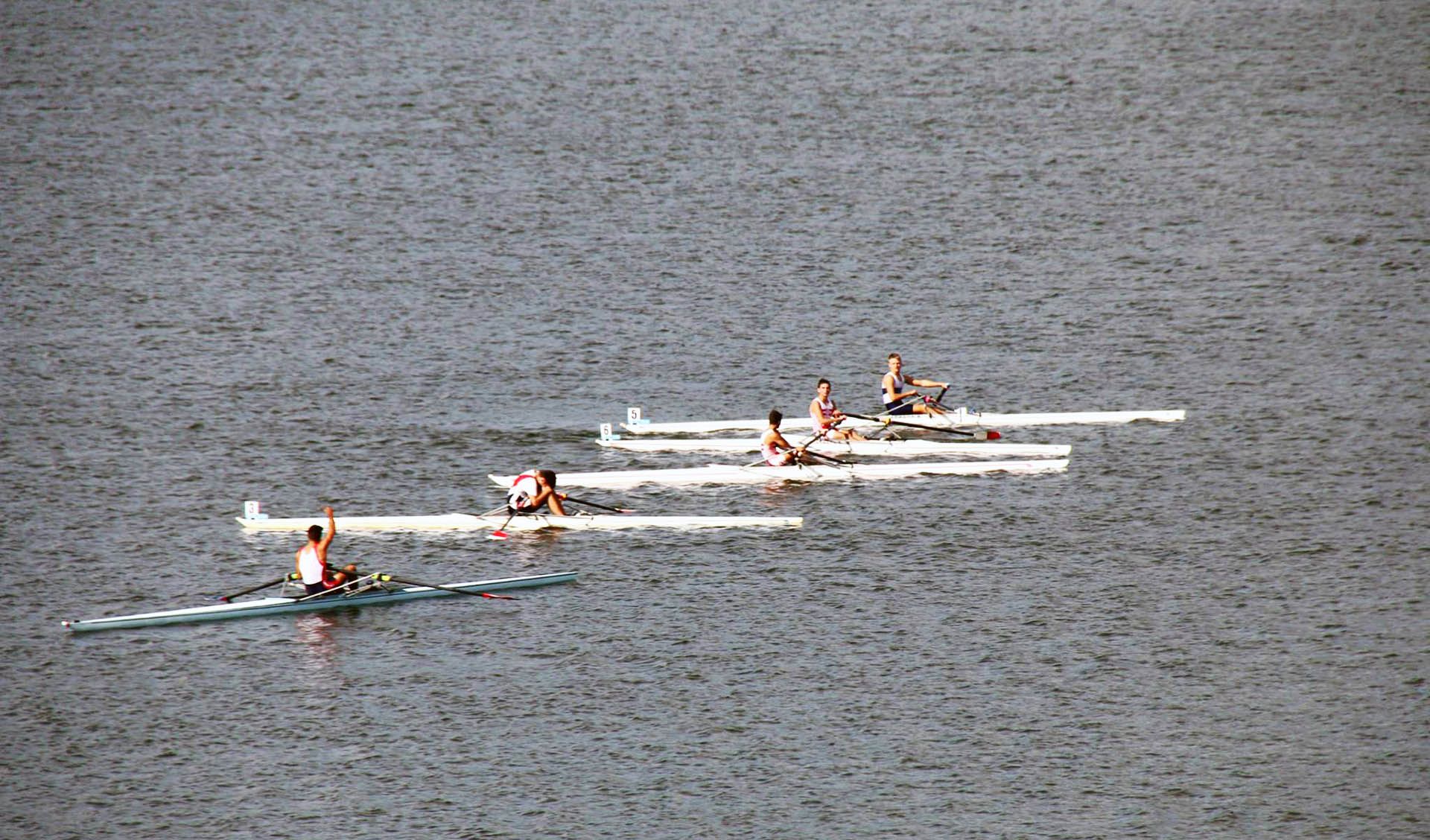 Regata di canottaggio in singolo su acqua grigia scintillante, ripresa dall'alto e da lontano