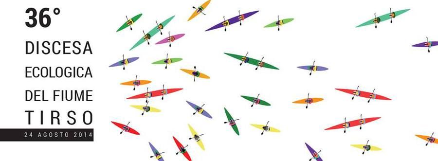 Locandina della 36ª Discesa Ecologica del Fiume Tirso, 24 agosto 2014: canoe colorate disegnate viste dall'alto