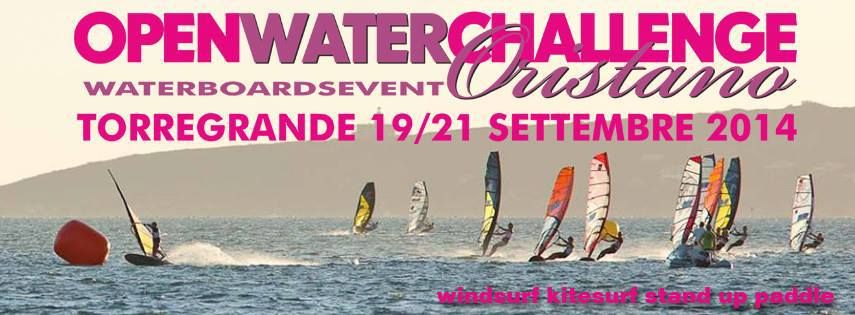 Locandina dell'Open Water Challenge Oristano 2014: una fila di windsurf in planata nel Golfo, Torregrande 19-21 settembre 2014